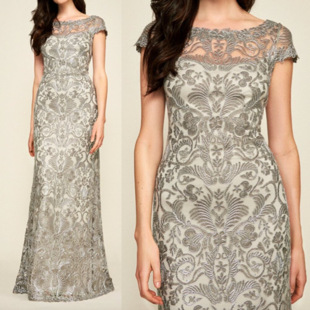 NWT tadashi shoji Adena CORDED EMBROIDERY GOWN DRESS ASH GRAY SIZE 6